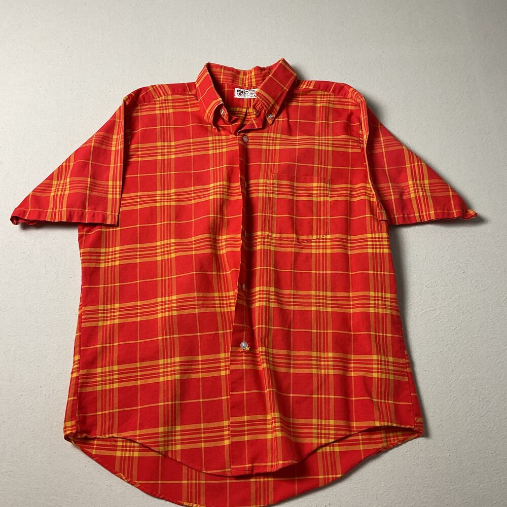 Vintage DoneGal Neva Press Mens L Short Sleeve Dark Orange Plaid Dress Shirt